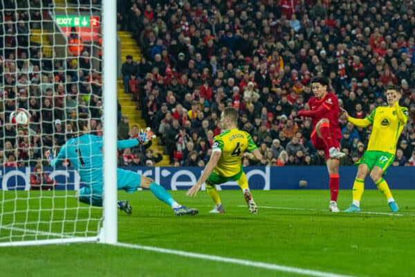 LIVERPOOL, ENGLAND - Wednesday, March 2, 2022: Liverpool's Takumi Minamino scores the first goal during the FA Cup 5th Round match between Liverpool FC and Norwich City FC at Anfield. (Pic by David Rawcliffe/Propaganda)