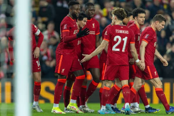 LIVERPOOL, ENGLAND - Wednesday, March 2, 2022: Liverpool's Takumi Minamino (C) celebrates with team-mates after scoring the second goal during the FA Cup 5th Round match between Liverpool FC and Norwich City FC at Anfield. (Pic by David Rawcliffe/Propaganda)