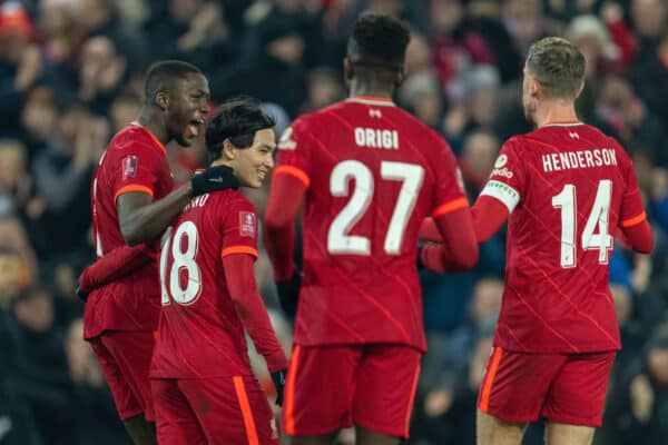 LIVERPOOL, ENGLAND - Wednesday, March 2, 2022: Liverpool's Takumi Minamino (2nf from L) celebrates after scoring the second goal during the FA Cup 5th Round match between Liverpool FC and Norwich City FC at Anfield. (Pic by David Rawcliffe/Propaganda)