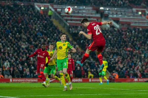 LIVERPOOL, ENGLAND - Wednesday, March 2, 2022: Liverpool's Diogo Jota sends his header over the bar during the FA Cup 5th Round match between Liverpool FC and Norwich City FC at Anfield. (Pic by David Rawcliffe/Propaganda)