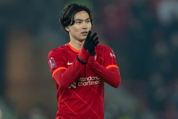 LIVERPOOL, ENGLAND - Wednesday, March 2, 2022: Liverpool's two-goal hero Takumi Minamino celebrates after the FA Cup 5th Round match between Liverpool FC and Norwich City FC at Anfield. Liverpool won 2-1. (Pic by David Rawcliffe/Propaganda)