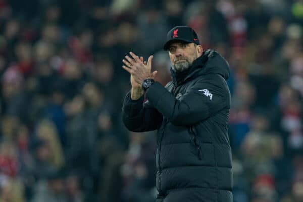 LIVERPOOL, ENGLAND - Wednesday, March 2, 2022: Liverpool's manager Jürgen Klopp celebrates after the FA Cup 5th Round match between Liverpool FC and Norwich City FC at Anfield. Liverpool won 2-1. (Pic by David Rawcliffe/Propaganda)