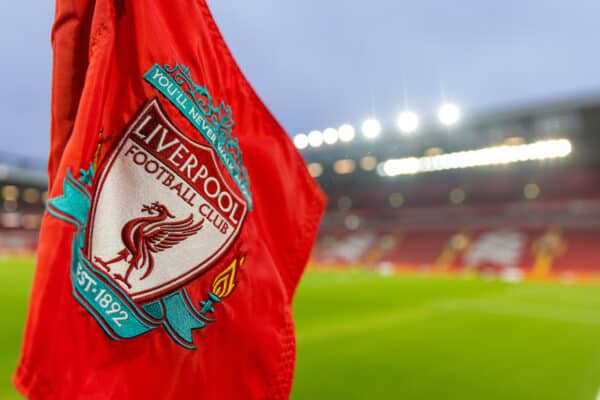 LIVERPOOL, ENGLAND - Wednesday, March 2, 2022: The Liverpool crest on a corner flag pictured before the FA Cup 5th Round match between Liverpool FC and Norwich City FC at Anfield. (Pic by David Rawcliffe/Propaganda)