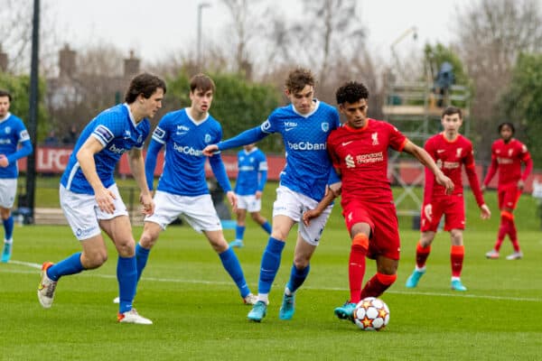 LIVERPOOL, ENGLAND - Wednesday, March 2, 2022: Melkamu Frauendorf (R) is challenged by three KRC Genk players during the UEFA Youth League Round of 16 match between Liverpool FC Under 19's and KRC Genk Under 19's at the Liverpool Academy. (Pic by David Rawcliffe/Propaganda)