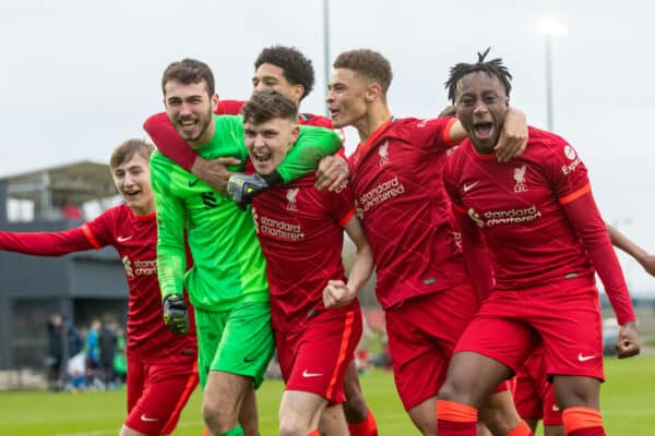 LIVERPOOL, ENGLAND - Wednesday, March 2, 2022: Liverpool's Bobby Clark (2nd from L) celebrates with team-mates after scoring the winning penalty of the shoot-out after a 1-1 draw during the UEFA Youth League Round of 16 match between Liverpool FC Under 19's and KRC Genk Under 19's at the Liverpool Academy. (Pic by David Rawcliffe/Propaganda)