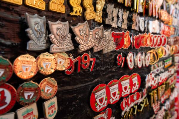 LIVERPOOL, ENGLAND - Friday, March 4, 2022: Pin badges on sale before the FA Premier League match between Liverpool FC and West Ham United FC at Anfield. (Pic by David Rawcliffe/Propaganda)