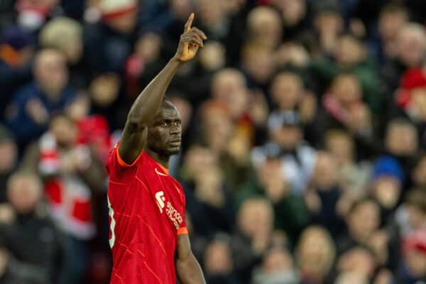 LIVERPOOL, ENGLAND - Friday, March 4, 2022: Liverpool's Sadio Mané celebrates after scoring the first goal during the FA Premier League match between Liverpool FC and West Ham United FC at Anfield. (Pic by David Rawcliffe/Propaganda)