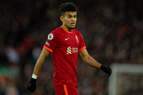 LIVERPOOL, ENGLAND - Friday, March 4, 2022: Liverpool's Luis Díaz during the FA Premier League match between Liverpool FC and West Ham United FC at Anfield. (Pic by David Rawcliffe/Propaganda)