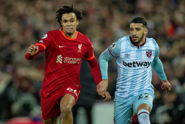 LIVERPOOL, ENGLAND - Friday, March 4, 2022: Liverpool's Trent Alexander-Arnold (L) and West Ham United's Saïd Benrahma during the FA Premier League match between Liverpool FC and West Ham United FC at Anfield. (Pic by David Rawcliffe/Propaganda)