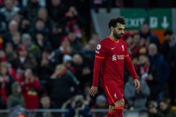 LIVERPOOL, ENGLAND - Friday, March 4, 2022: Liverpool's Mohamed Salah is substituted during the FA Premier League match between Liverpool FC and West Ham United FC at Anfield. (Pic by David Rawcliffe/Propaganda)