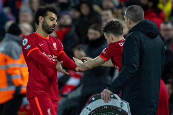 LIVERPOOL, ENGLAND - Friday, March 4, 2022: Liverpool's Mohamed Salah is substituted during the FA Premier League match between Liverpool FC and West Ham United FC at Anfield. (Pic by David Rawcliffe/Propaganda)