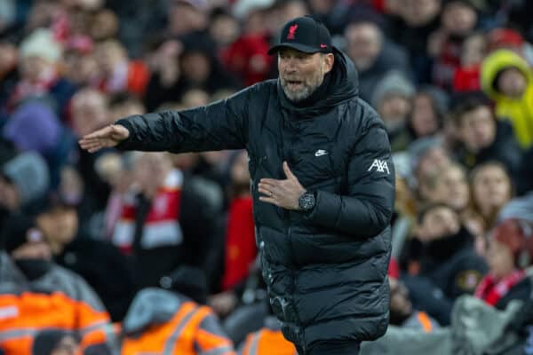 LIVERPOOL, ENGLAND - Friday, March 4, 2022: Liverpool's manager Jürgen Klopp during the FA Premier League match between Liverpool FC and West Ham United FC at Anfield. (Pic by David Rawcliffe/Propaganda)