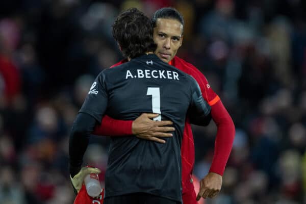 LIVERPOOL, ENGLAND - Friday, March 4, 2022: Liverpool's Virgil van Dijk (R) and goalkeeper Alisson Becker after the FA Premier League match between Liverpool FC and West Ham United FC at Anfield. (Pic by David Rawcliffe/Propaganda)