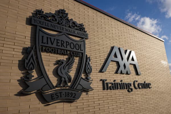 LIVERPOOL, ENGLAND - Monday, March 7, 2022: Liverpool club crest on the outside of the AXA Training Centre pictured ahead of the UEFA Champions League Round of 16 2nd Leg game between Liverpool FC and FC Internazionale Milano. (Pic by David Rawcliffe/Propaganda)