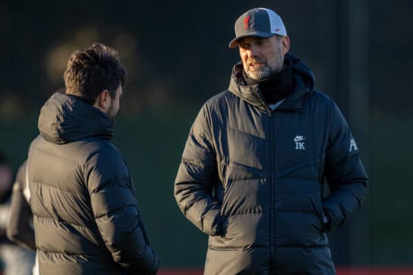 LIVERPOOL, ENGLAND - Monday, March 7, 2022: Liverpool manager Jürgen Klopp (R) talks to elite development coach Vitor Matos (L) during a training session at the AXA Training Center before the UEFA Champions League Round of 16 2nd leg match between Liverpool FC and FC Internazionale Milano.  (Photo by David Rawcliffe/Propaganda)