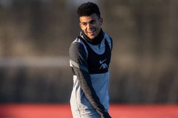 LIVERPOOL, ENGLAND - Monday, March 7, 2022: Liverpool's Luis Díaz during a training session at the AXA Training Centre ahead of the UEFA Champions League Round of 16 2nd Leg game between Liverpool FC and FC Internazionale Milano. (Pic by David Rawcliffe/Propaganda)