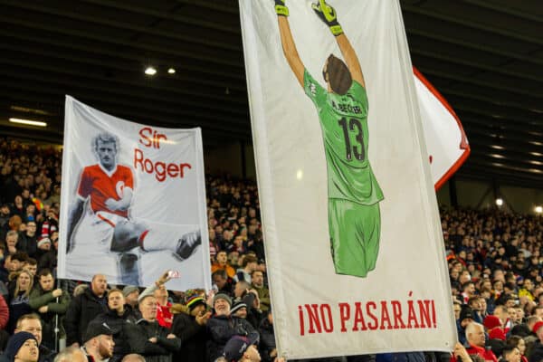 LIVERPOOL, ENGLAND - Tuesday, March 8, 2022: Liverpool supporters on the Spion Kop before the UEFA Champions League Round of 16 2nd Leg game between Liverpool FC and FC Internazionale Milano at Anfield. (Pic by David Rawcliffe/Propaganda)