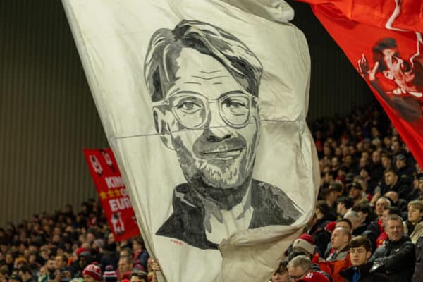 LIVERPOOL, ENGLAND - Tuesday, March 8, 2022: Liverpool supporters' banner of manager Jürgen Klopp on the Spion Kop before the UEFA Champions League Round of 16 2nd Leg game between Liverpool FC and FC Internazionale Milano at Anfield. (Pic by David Rawcliffe/Propaganda)