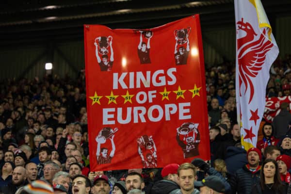 LIVERPOOL, ENGLAND - Tuesday, March 8, 2022: Liverpool supporters on the Spion Kop before the UEFA Champions League Round of 16 2nd Leg game between Liverpool FC and FC Internazionale Milano at Anfield. (Pic by David Rawcliffe/Propaganda)