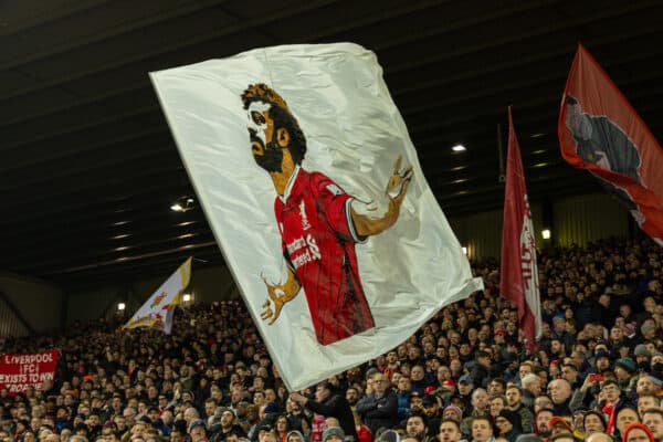 LIVERPOOL, ENGLAND - Tuesday, March 8, 2022: Liverpool supporters' banner of Mohamed Salah on the Spion Kop before the UEFA Champions League Round of 16 2nd Leg game between Liverpool FC and FC Internazionale Milano at Anfield. (Pic by David Rawcliffe/Propaganda)