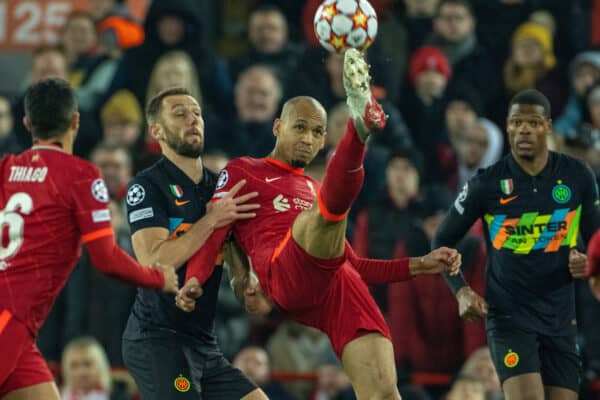 LIVERPOOL, ENGLAND - Tuesday, March 8, 2022: Liverpool's Fabio Henrique Tavares 'Fabinho' (R) during the UEFA Champions League Round of 16 2nd Leg game between Liverpool FC and FC Internazionale Milano at Anfield. (Pic by David Rawcliffe/Propaganda)