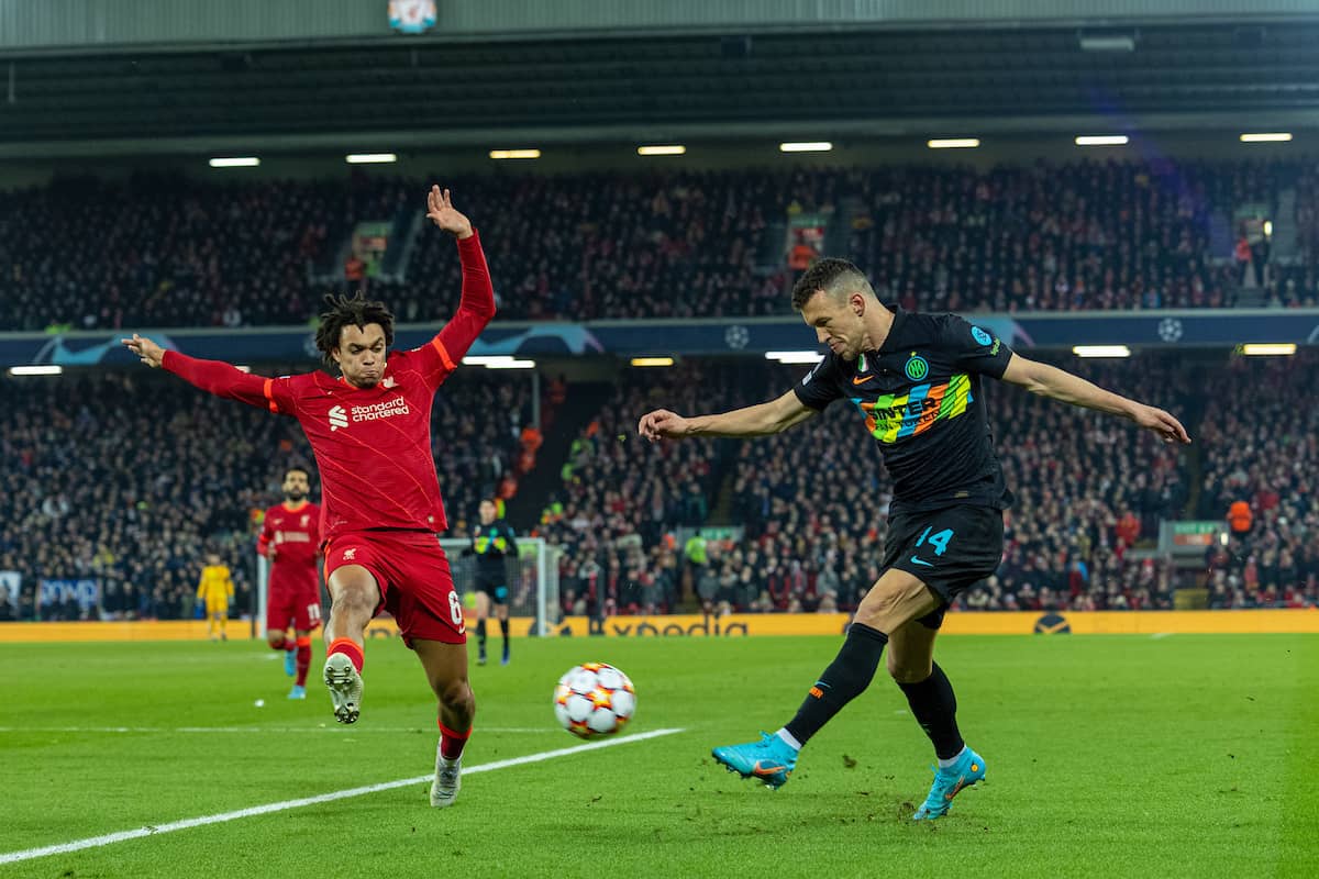 LIVERPOOL, ENGLAND - Tuesday, March 8, 2022: Liverpool's Trent Alexander-Arnold (L) and Inter Milan's Ivan Peris?ic? during the UEFA Champions League Round of 16 2nd Leg game between Liverpool FC and FC Internazionale Milano at Anfield. (Pic by David Rawcliffe/Propaganda)