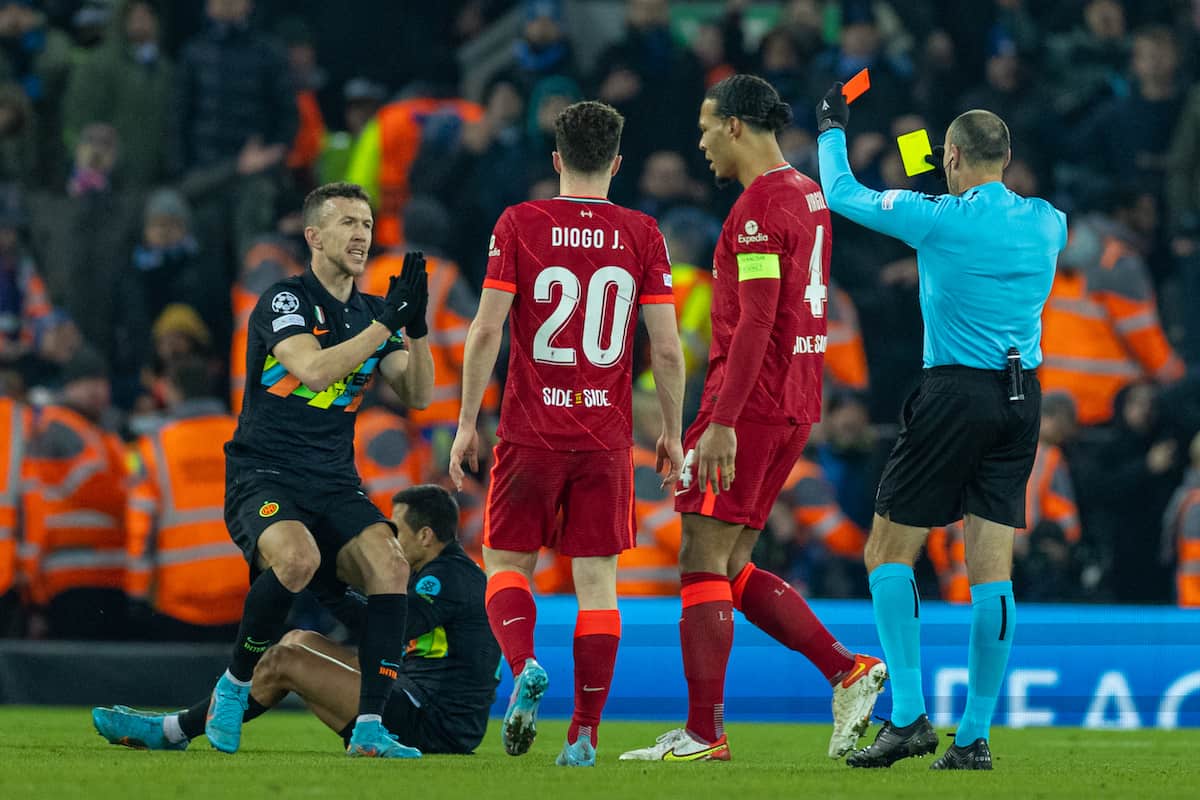 LIVERPOOL, ENGLAND - Tuesday, March 8, 2022: Inter Milan's Lautaro Marti?nez (L) is shown a second yellow card followed by a red card and sent off during the UEFA Champions League Round of 16 2nd Leg game between Liverpool FC and FC Internazionale Milano at Anfield. (Pic by David Rawcliffe/Propaganda)