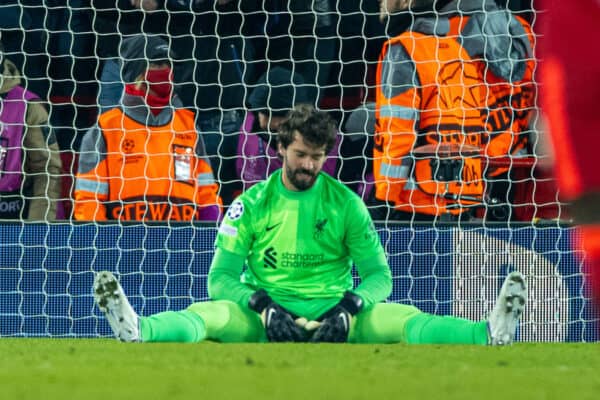 LIVERPOOL, ENGLAND - Tuesday, March 8, 2022: Liverpool's goalkeeper Alisson Becker as FC Internazionale Milano score the first goal during the UEFA Champions League Round of 16 2nd Leg game between Liverpool FC and FC Internazionale Milano at Anfield. (Pic by David Rawcliffe/Propaganda)