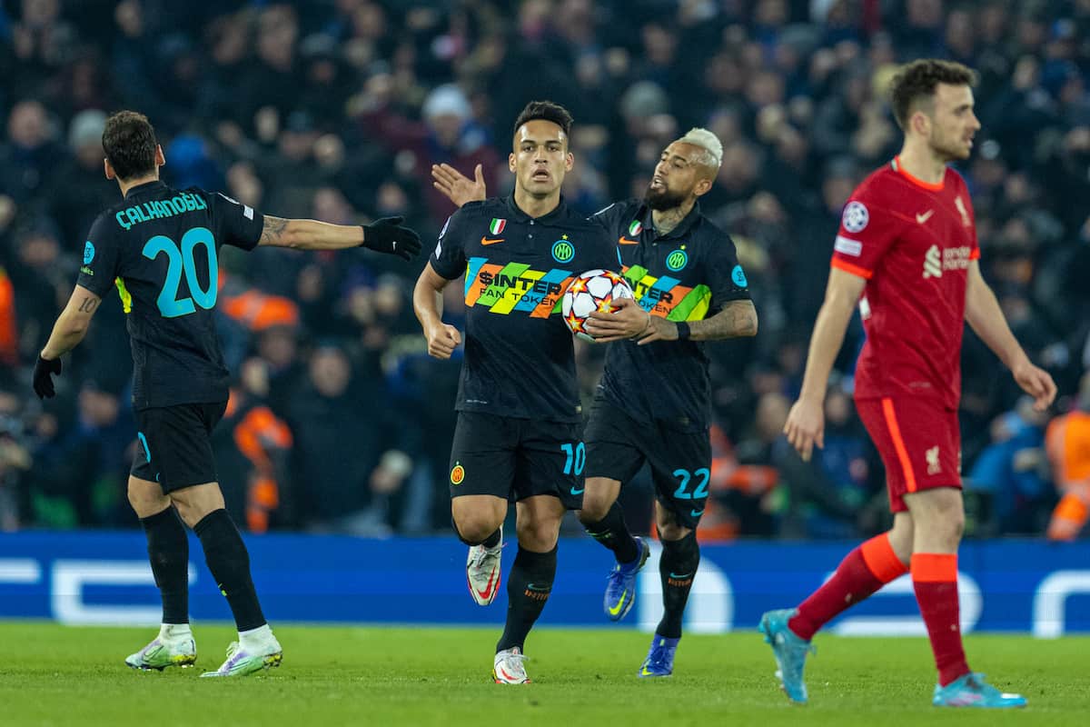 LIVERPOOL, ENGLAND - Tuesday, March 8, 2022: Inter Milan's Lautaro Marti?nez celebrates after scoring the first goal during the UEFA Champions League Round of 16 2nd Leg game between Liverpool FC and FC Internazionale Milano at Anfield. (Pic by David Rawcliffe/Propaganda)