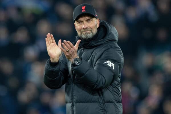 LIVERPOOL, ENGLAND - Tuesday, March 8, 2022: Liverpool's manager Jürgen Klopp applauds the supporters after the UEFA Champions League Round of 16 2nd Leg game between Liverpool FC and FC Internazionale Milano at Anfield. Liverpool won the tie 2-1 on aggregate after a 1-0 defeat. (Pic by David Rawcliffe/Propaganda)