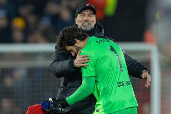 LIVERPOOL, ENGLAND - Tuesday, March 8, 2022: Liverpool's manager Jürgen Klopp celebrates with goalkeeper Alisson Becker after the UEFA Champions League Round of 16 2nd Leg game between Liverpool FC and FC Internazionale Milano at Anfield. Liverpool won the tie 2-1 on aggregate after a 1-0 defeat. (Pic by David Rawcliffe/Propaganda)