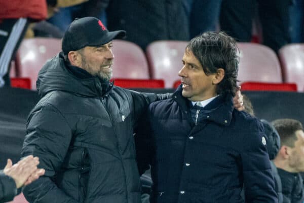 LIVERPOOL, ENGLAND - Tuesday, March 8, 2022: Liverpool's manager Jürgen Klopp (L) with Inter Milan's head coach Simone Inzaghi after the UEFA Champions League Round of 16 2nd Leg game between Liverpool FC and FC Internazionale Milano at Anfield. Liverpool won the tie 2-1 on aggregate after a 1-0 defeat. (Pic by David Rawcliffe/Propaganda)