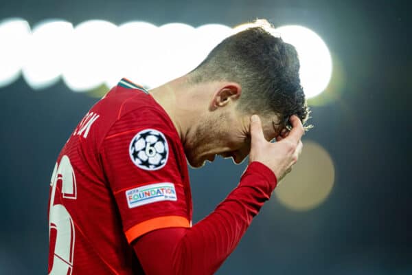 LIVERPOOL, ENGLAND - Tuesday, March 8, 2022: Liverpool's Andy Robertson looks dejected during the UEFA Champions League Round of 16 2nd Leg game between Liverpool FC and FC Internazionale Milano at Anfield. (Pic by David Rawcliffe/Propaganda)