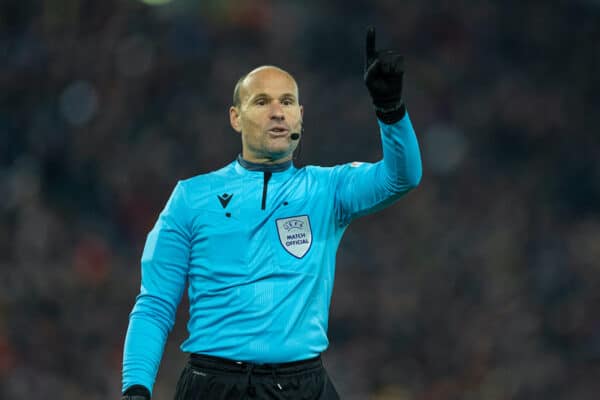 LIVERPOOL, ENGLAND - Tuesday, March 8, 2022: Referee Antonio Mateu Lahoz during the UEFA Champions League Round of 16 2nd Leg game between Liverpool FC and FC Internazionale Milano at Anfield. (Pic by David Rawcliffe/Propaganda)