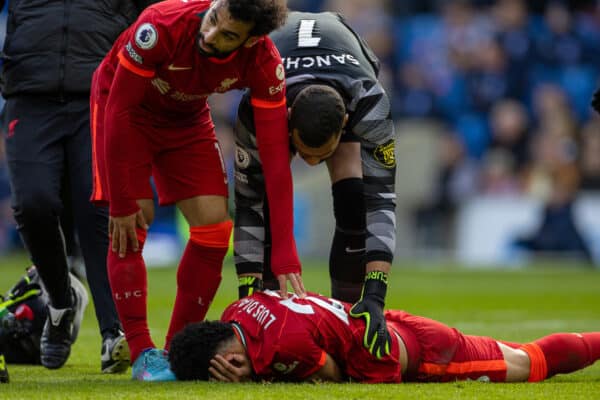 BRIGHTON AND HOVE, ENGLAND - Saturday, March 12, 2022: Liverpool's Luis Díaz lies injured after scoring the first goal during the FA Premier League match between Brighton & Hove Albion FC and Liverpool FC at the AMEX Community Stadium. (Pic by David Rawcliffe/Propaganda)