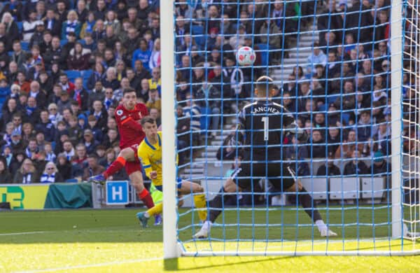 BRIGHTON AND HOVE, ENGLAND - Saturday, March 12, 2022: Liverpool's Andy Robertson shoots during the FA Premier League match between Brighton & Hove Albion FC and Liverpool FC at the AMEX Community Stadium. (Pic by David Rawcliffe/Propaganda)