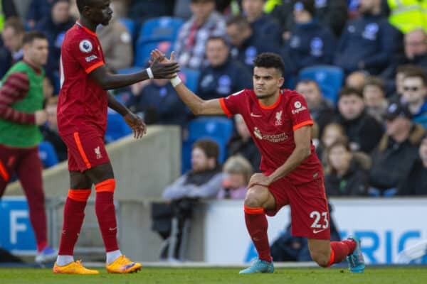 BRIGHTON AND HOVE, ENGLAND - Saturday, March 12, 2022: Liverpool's Luis Díaz (R) and Sadio Mané during the FA Premier League match between Brighton & Hove Albion FC and Liverpool FC at the AMEX Community Stadium. (Pic by David Rawcliffe/Propaganda)