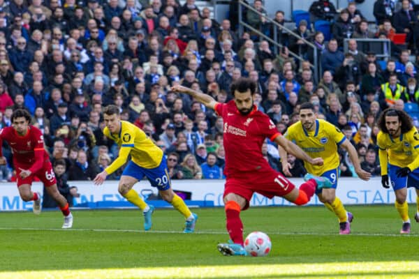 BRIGHTON AND HOVE, ENGLAND - Saturday, March 12, 2022: Liverpool's Mohamed Salah scores the second goal from a penalty kick during the FA Premier League match between Brighton & Hove Albion FC and Liverpool FC at the AMEX Community Stadium. (Pic by David Rawcliffe/Propaganda)