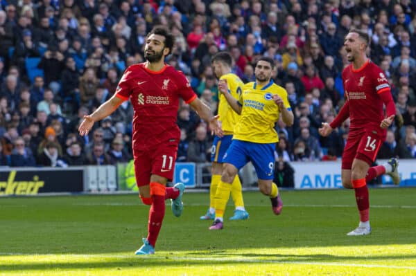 BRIGHTON AND HOVE, ENGLAND - Saturday, March 12, 2022: Liverpool's Mohamed Salah celebrates after scoring the second goal from a penalty kick during the FA Premier League match between Brighton & Hove Albion FC and Liverpool FC at the AMEX Community Stadium. (Pic by David Rawcliffe/Propaganda)