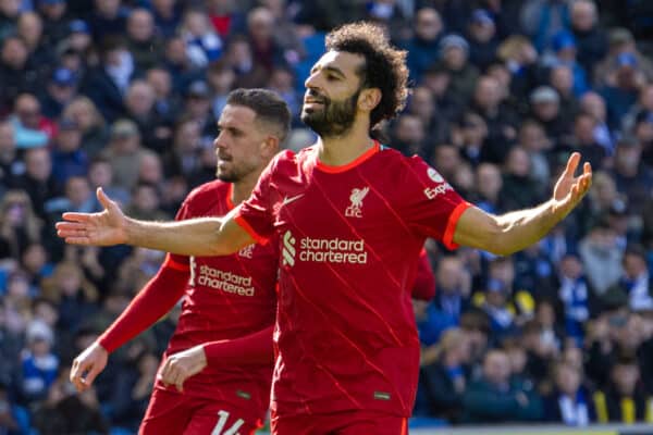 BRIGHTON AND HOVE, ENGLAND - Saturday, March 12, 2022: Liverpool's Mohamed Salah celebrates after scoring the second goal from a penalty kick during the FA Premier League match between Brighton & Hove Albion FC and Liverpool FC at the AMEX Community Stadium. (Pic by David Rawcliffe/Propaganda)