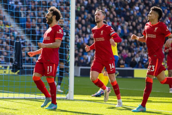 BRIGHTON AND HOVE, ENGLAND - Saturday, March 12, 2022: Liverpool's Mohamed Salah celebrates after scoring the second goal from a penalty kick during the FA Premier League match between Brighton & Hove Albion FC and Liverpool FC at the AMEX Community Stadium. (Pic by David Rawcliffe/Propaganda)