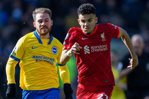 BRIGHTON AND HOVE, ENGLAND - Saturday, March 12, 2022: Liverpool's Luis Díaz (R) during the FA Premier League match between Brighton & Hove Albion FC and Liverpool FC at the AMEX Community Stadium. (Pic by David Rawcliffe/Propaganda)