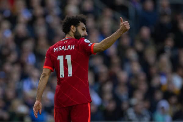 BRIGHTON AND HOVE, ENGLAND - Saturday, March 12, 2022: Liverpool's Mohamed Salah celebrates after scoring the second goal during the FA Premier League match between Brighton & Hove Albion FC and Liverpool FC at the AMEX Community Stadium. (Pic by David Rawcliffe/Propaganda)