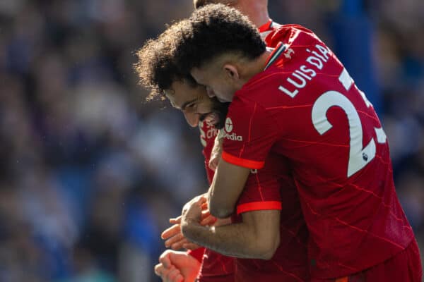 BRIGHTON AND HOVE, ENGLAND - Saturday, March 12, 2022: Liverpool's Mohamed Salah celebrates after scoring the second goal during the FA Premier League match between Brighton & Hove Albion FC and Liverpool FC at the AMEX Community Stadium. (Pic by David Rawcliffe/Propaganda)