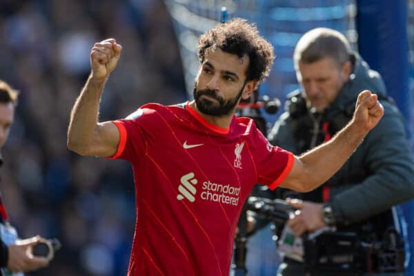 BRIGHTON AND HOVE, ENGLAND - Saturday, March 12, 2022: Liverpool's Mohamed Salah celebrates after scoring the second goal during the FA Premier League match between Brighton & Hove Albion FC and Liverpool FC at the AMEX Community Stadium. (Pic by David Rawcliffe/Propaganda)