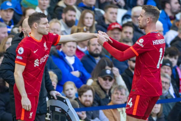 BRIGHTON AND HOVE, ENGLAND - Saturday, March 12, 2022: Liverpool's captain Jordan Henderson hands the armband to substitute James Milner during the FA Premier League match between Brighton & Hove Albion FC and Liverpool FC at the AMEX Community Stadium. (Pic by David Rawcliffe/Propaganda)