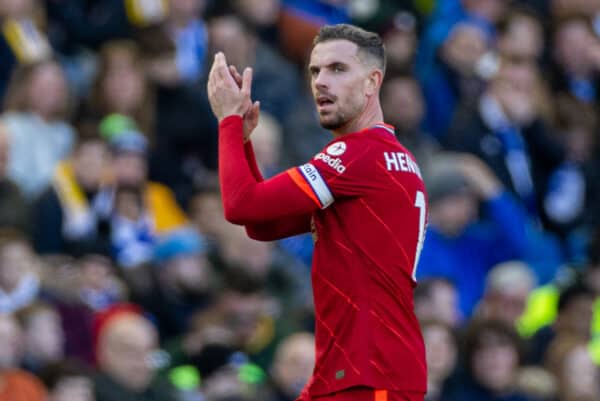 BRIGHTON AND HOVE, ENGLAND - Saturday, March 12, 2022: Liverpool's captain Jordan Henderson applauds the supporters during the FA Premier League match between Brighton & Hove Albion FC and Liverpool FC at the AMEX Community Stadium. (Pic by David Rawcliffe/Propaganda)