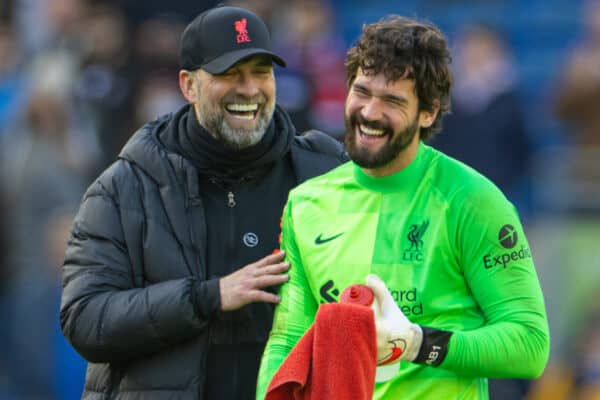 BRIGHTON AND HOVE, ENGLAND - Saturday, March 12, 2022: Liverpool's manager Jürgen Klopp (L) celebrates with goalkeeper Alisson Becker after the FA Premier League match between Brighton & Hove Albion FC and Liverpool FC at the AMEX Community Stadium. Liverpool won 2-0. (Pic by David Rawcliffe/Propaganda)