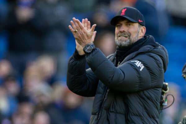 BRIGHTON AND HOVE, ENGLAND - Saturday, March 12, 2022: Liverpool's manager Jürgen Klopp celebrates after the FA Premier League match between Brighton & Hove Albion FC and Liverpool FC at the AMEX Community Stadium. Liverpool won 2-0. (Pic by David Rawcliffe/Propaganda)