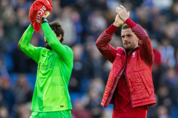 BRIGHTON AND HOVE, ENGLAND - Saturday, March 12, 2022: Liverpool's captain Jordan Henderson (R) and goalkeeper Alisson Becker celebrates after the FA Premier League match between Brighton & Hove Albion FC and Liverpool FC at the AMEX Community Stadium. Liverpool won 2-0. (Pic by David Rawcliffe/Propaganda)